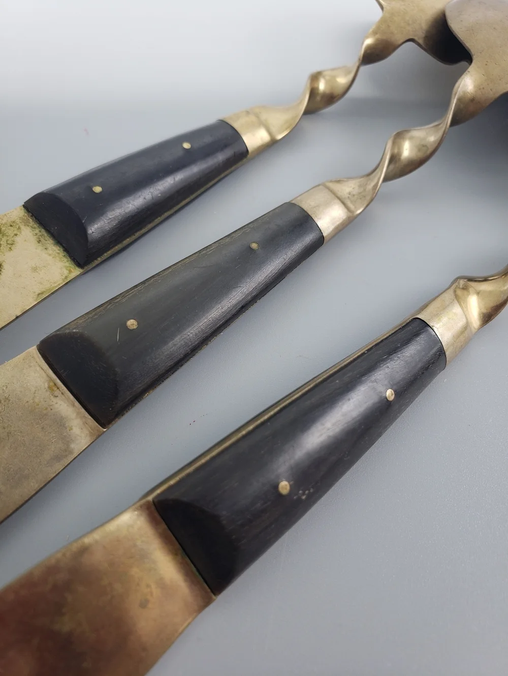 3p Brass Serving Set w/Twisted Details & Dark Wood Handles -Vintage Siam Buddha